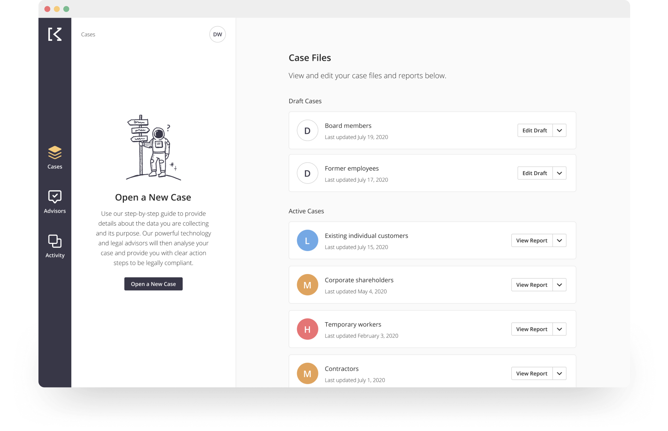 A preview of the Kormoon product showing open case files that determine your level of risk with data privacy and legal compliance