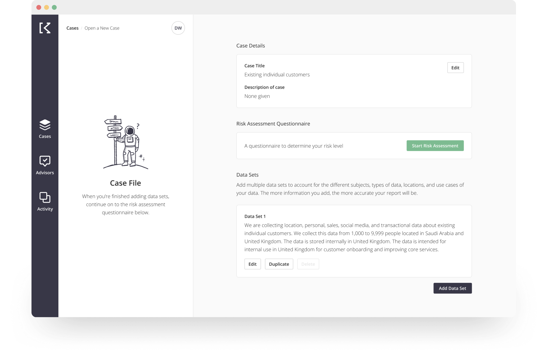A preview of the Kormoon product showing a step in the process of determining a company's level of risk concerning data privacy and legal compliance